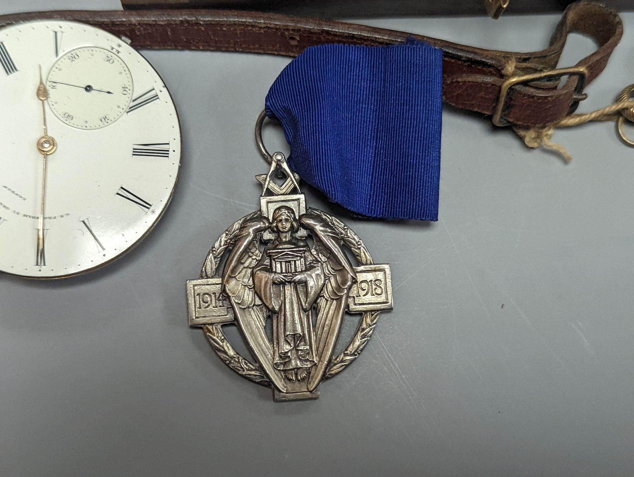 Two assorted pocket watches including sterling, a pocket watch movement by G.E. Frodsham, a masonic jewel and a cased brass Stanley compass.